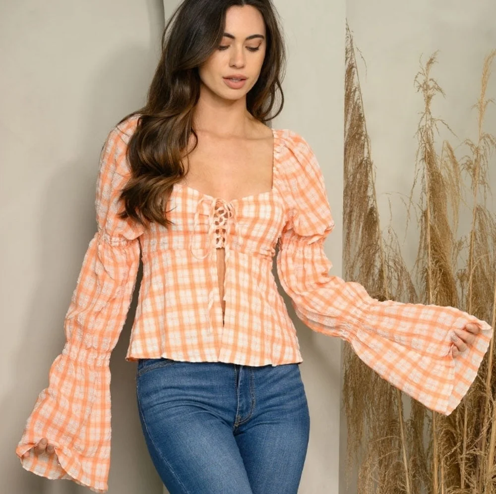 Orange Plaid Boho Blouse | Bell Sleeve Lace-Up Top - Picture 1 of 7